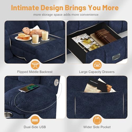 Dresegmt Loveseat Recliner Sofa, Flip Middle Backrest Design 3 Seat Reclining Sofa with Storage Drawer, USB Ports & Cup Holders, Manual Couch for Living Room/RV (Blue) Dresegmt