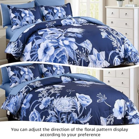 Luxudecor Floral Comforter Set King Size 7 Piece, Navy Blue Flower Bed in a Bag, Elegant Floral Comforter with Sheet Set, Soft Microfiber Bedding Set for All Season (Navy Blue, 104"x90") Luxudecor
