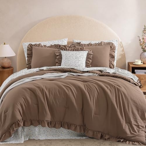BLOOMHAVEN Queen Comforter Set - 7 Pieces Ruffle Amber Brown Bedding Sets, Shabby Chic Farmhouse Bed in a Bag with Ruffle Comforter, Floral Sheets, Pillowcases & Shams BLOOMHAVEN