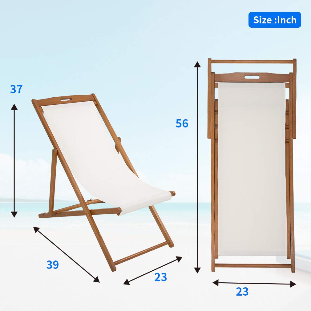 FDW Beach Sling Patio Chair for Relaxing, Foldable with Adjustable Height made from Eucalyptus Wood with White Polyester (White, Brown) FDW