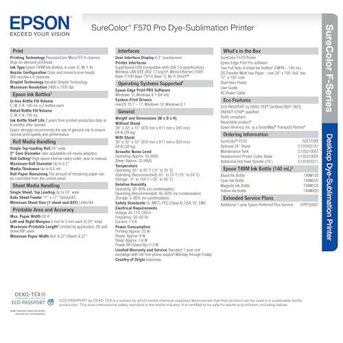 Epson Surecolor F570 Pro 24" Desktop Sublimation Printer, Includes Two Full Ink Sets, User Guide, Sublimation Paper, & Free Remote Install SCF570PE (Printer & Inks)