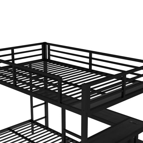 Full XL Over Twin Bunk Bed with Desk and Shelves, Metal Loft Bed with LED and USB, Multiple Placement, Black Bellemave