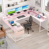 IDEALHOUSE U Shaped Home Office Desk, Reversible L Shaped Gaming Computer Desk with Power Outlets,126 Inch Computer Desk with Monitor Stand and LED Lights,Storage Shelves,Storage Bag and Hooks（Pink） IDEALHOUSE