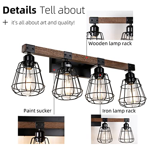 TELAFLY Bathroom Vanity Light Fixture,Rustic 4-Light Wood Wall Light,Industrial Bathroom Lighting Fixture Over Mirror,Modern Matte Black Metal Cage Wall Sconce for Hallway,Kitchen,Bedroom TELAFLY