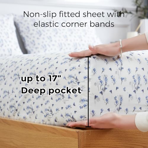 HENGWEITEXT King Sheet Set, 4 Piece Bed Sheets for King Size Bed Set, 17 Inch Sheets Deep Pocket, Soft and Breathable Microfiber, Wrinkle Free, Printed Light Blue Flowe Patterned Double Bedding HENGWEITEXT
