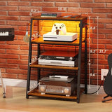 4-Tier AV Media Stand with Power Strips, Heavy Duty Stereo Cabinet Stand with LED Lights, Wooden Record Player Stand with 2 Hooks, Audio Stand Furniture Perfect for DVD Player/Game Console/TV Box/Xbox X-cosrack