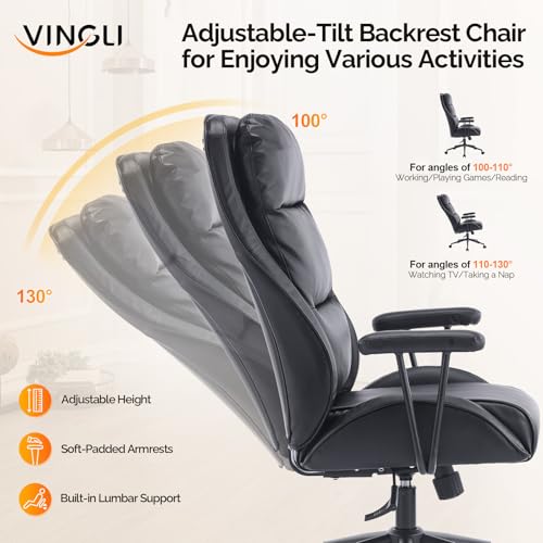 VINGLI Executive Ergonomic Office Chair with 100-130° Reclining, High-Back Desk Chair with Adjustable Base & Headrest Support & Wheels, Comfy Gaming Chair for Computer, Home Office, Pu-Leather, Black VINGLI