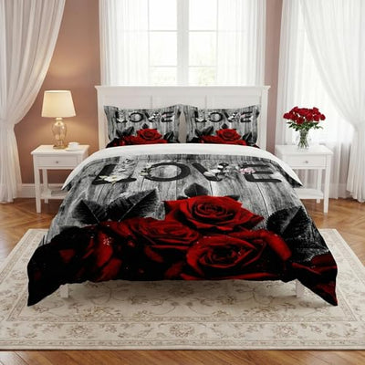 WeCozy King Size Comforter Set with 2 Pillowcases, Red Rose Flower 3 Pcs Bedding for Kids and Adults, Summer Vintage Woodboard Soft Comforter Set for Bedroom Bed Decor