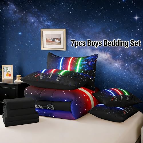Feelyou 3D Galaxy Lightsaber Comforter Set with Sheets Green Blue Red Lightsaber 7 Piece Bedding Set Full Size for Kids Boys Girls Bedroom Bed Decor Lightsaber Bed in a Bag Neon Lightsaber Bed Set Feelyou