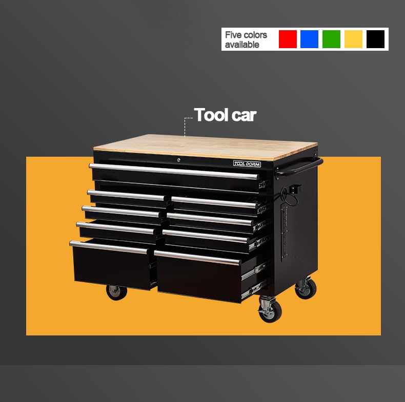 TOOL DORM Rolling Large Tool Chest Extra-Deep 46-Inch 9 Drawers, Big Tool Chest with Drawers, Workbench with Wooden Top & Integrated Power Strip, Rolling Toolbox with Drawers and Locking System TOOL DORM