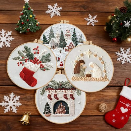 TPZBWG Christmas Embroidery Kit, 4 Pack Cross Stitch Kits,DIY Embroidery Starter Kit for Adults & Beginners, DIY Needlepoint Kit with Embroidery Hoop Thread Needle for Craft Lover Birthday Gifts 2 TPZBWG