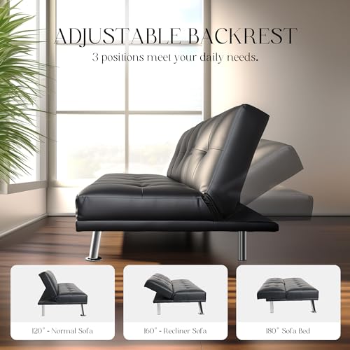 yoyomax Futon Couch, Modern Faux Leather Futon Sofa Bed with 2 Cup Holders and Pillows, Convertible Folding Futon Couch for Compact Living Space, Dorm, RV, Offices, Black yoyomax