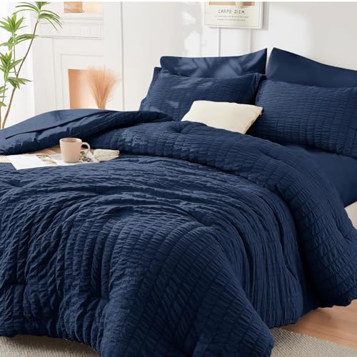 HYMOKEGE Navy Blue Queen Comforter Set Seersucker 7 Pieces, All Season Luxury Bed in a Bag for Bedroom, Bedding Set with Comforters, Sheets, Pillowcases & Shams HYMOKEGE