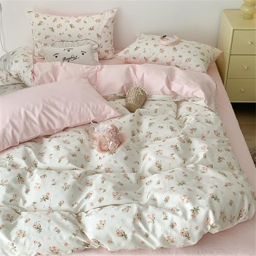 Sedefen Floral Duvet Cover Full Size Pink Romantic Flower Bedding Set 3 Pcs Cotton Spring Garden Aesthetic Green Botanical Coquette Comforter Cover for Kids Boys Girls with Zipper Corner Ties Sedefen
