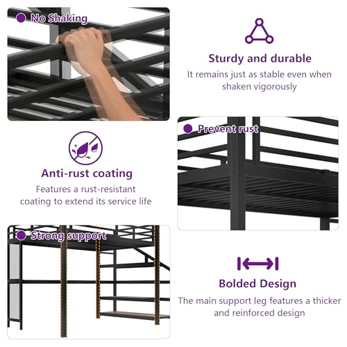 Bellemave Full Loft Bed with Desk & Storage Stairs, Metal Full Size Loft Bed Frame with Iron Nets, LED Lights & USB Ports, Heavy Duty Adult LoftBed for Bedroom, Noise-Free, Black Bellemave