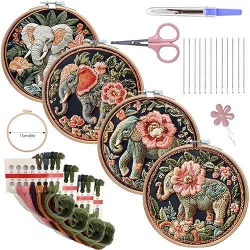 SCECALA 4 Pack Elephant Animal Embroidery Kit - Flower Floral Hand Funny Embroidery Kit for Beginners with Pattern, Complete Cross Stitch Supplies DIY Craft for Adults Sewing Hobby, 1pc Hoops