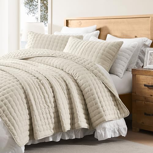 WDCOZY Beige Queen Size Quilts Bedding Sets with 2 Pillow Shams, Neutral Lightweight Soft Bedspread Coverlet, Quilted Blanket Thin Comforter Bed Cover for All Season, 3 Pieces, 90x90 inches WDCOZY
