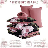 Luxudecor Floral Queen Comforter Set 7 Pieces Bed in a Bag, Pink Flower Print on Black Bedding Set, Soft Reversible Comforter with Sheet Set 90"x90" Luxudecor