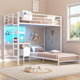 DICTAC Twin Over Twin Bunk Bed with Desk,Led Lights and Charging Station Metal L-Shaped Bunk Beds with Storage Drawers and Shelves, Loft Bed with Safety Guardrail and Ladder for Kids and Teen,White DICTAC