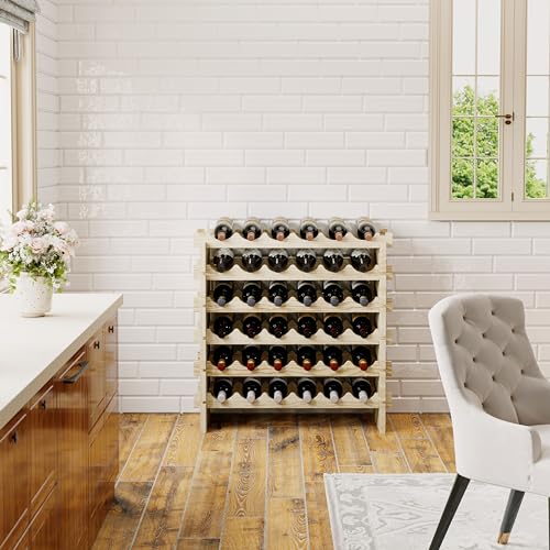 Modular Real Wood Wine Storage Racks - Stackable Free Standing Floor Wooden Wine Rack, Premium Wine Storage Rack Elegant Display and Organizing for Kitchen and Cellar 6 Tier 36 Bottles - WoodArtSupply