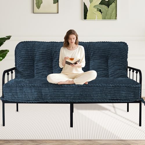 KOZIDO 8 Inches Futon Mattress Queen Size, Extra Thick Futons Sofa Couch Bed with Strap Design, Japanese Floor Mattress for Adults, Folding Mattres Shredded Foam Filling (Frame Not Included), Blue KOZIDO
