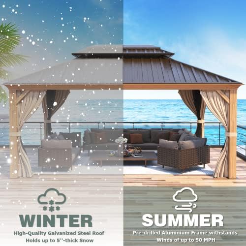 MELLCOM 12' X 16' Hardtop Gazebo, Wooden Finish Coated Aluminum Frame Gazebo with Galvanized Steel Double Roof, Brown Metal Gazebo with Curtains and Nettings for Patios, Gardens, Lawns - WoodArtSupply