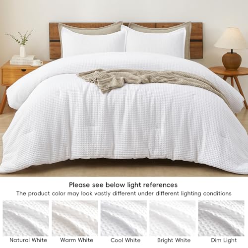 PHF Ultra Soft Waffle Weave Comforter Set King Size, 3 Pieces Lightweight Breathable Comfy Bedding Set, Comfy Textured 1 Comforter with 2 Pillow Shams, White PHF