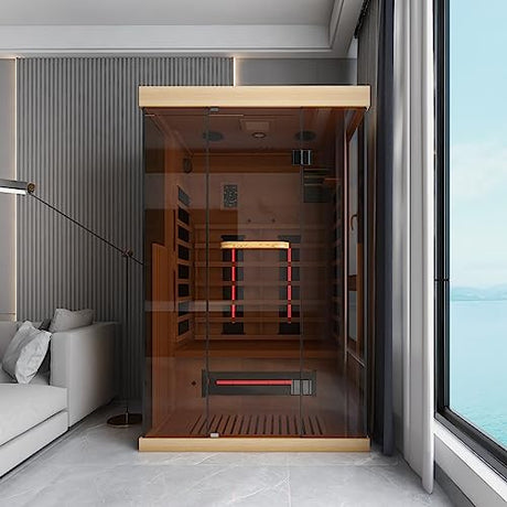 SWHSE 1-2 Person Infrared Sauna 15 Minutes Pre-Warm up Far Infrared Sauna for Home with 7 Colors Chromo Therapy Lighting and Full View Tempered Glass,2-in-1 Towel Holder SWHSE