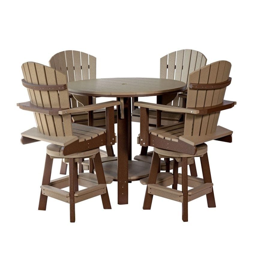 DutchCrafters Recycled Poly Round Balcony Dining Set, Table with 4 Chairs, Bar Height, Swivel Chairs, 5 Piece Patio Furniture Set, Amish Made in USA, Two-Toned Colors (Weatherwood & Brown) DutchCrafters