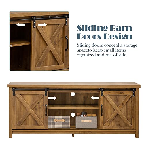 GAZHOME Modern Farmhouse TV Stand with Sliding Barn Doors, Media Entertainment Center Console Table for TVs up to 65”,2-Tier Large Storage Cabinets,Rustic TV Stand for Living Room Bedroom,Brown GAZHOME