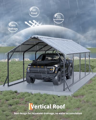 Garveelife 11'x20'x9' Metal Carport, Heavy Duty Steel Car Ports for All-Weather, Vertical Roof Design, for Full-Size Pickup Trucks, Boats, and Tractors GarveeLife