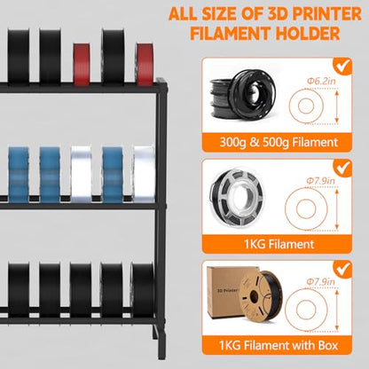 3D Printer Filament Storage Rack, Heavy Duty Metal Holder with 3/5-Tier Option Precision Engineered Connection, Adjustable Feet, Safety-Optimized Edge for Workshop, Studio, Home Office (Black 3-Tier)