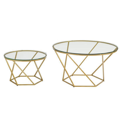 Walker Edison Modern Contemporary Gold Accent Round Living Room Glass Coffee Table, Set of 2 - WoodArtSupply