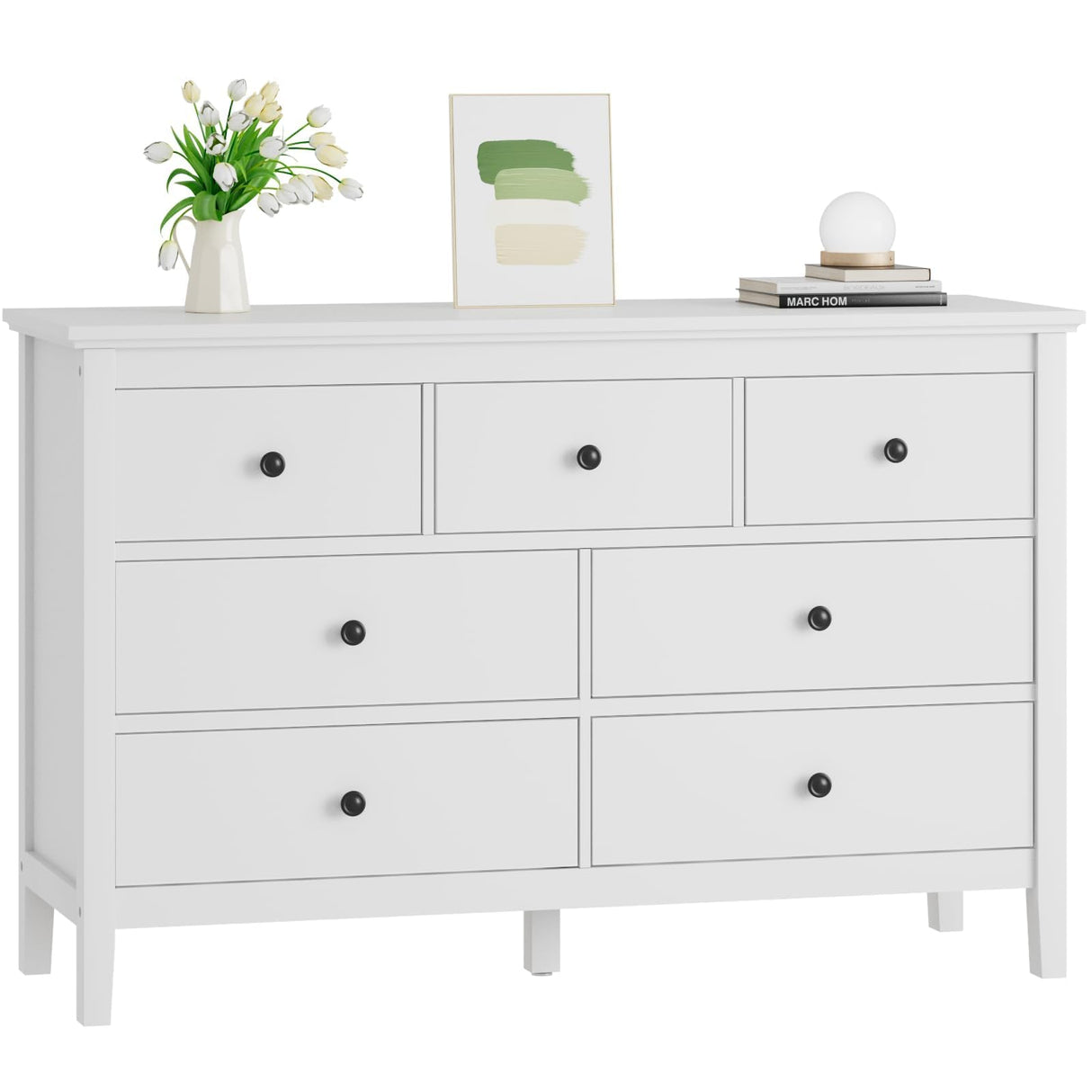 CARPETNAL White Dresser for Bedroom, 7 Drawer Dresser with Wide Drawers and Metal Handles, Woode Dressers & Chests of Drawers for Hallyway, Entryway. CARPETNAL