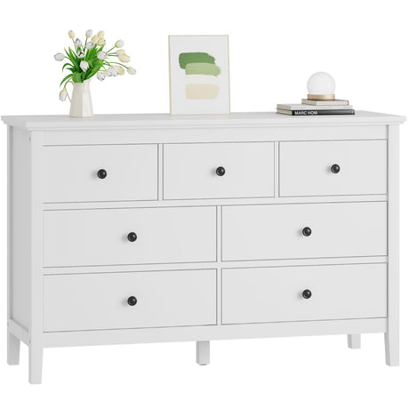 CARPETNAL White Dresser for Bedroom, 7 Drawer Dresser with Wide Drawers and Metal Handles, Woode Dressers & Chests of Drawers for Hallyway, Entryway. CARPETNAL
