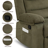 360° Swivel Rocker Recliner Chair for Adults, Nursery Manual Reclining Chair with Arms and Back, Upholstered Glider Rocking with Side Pockets for Living Room, Bedroom Nursing use, Corduroy, Green