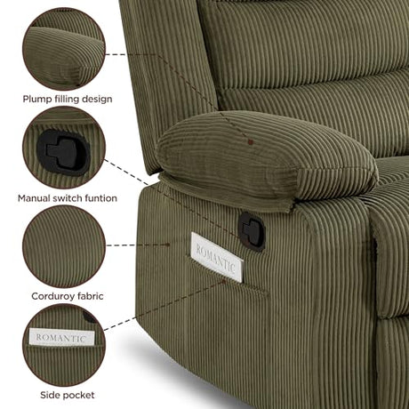 360° Swivel Rocker Recliner Chair for Adults, Nursery Manual Reclining Chair with Arms and Back, Upholstered Glider Rocking with Side Pockets for Living Room, Bedroom Nursing use, Corduroy, Green FiveWillowise