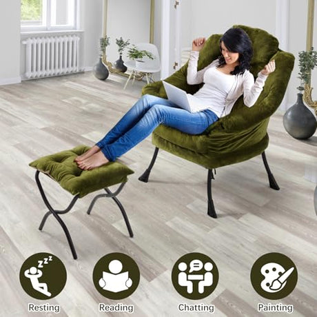 Congermom Lazy Chair with Folding Ottoman,Leisure Sofa Chair,Soft Fabric Armchair with Armrests and Side Pockets, Reading Chair with Footrest for Living Room, Bedroom, Office (Plush Green) Congermom