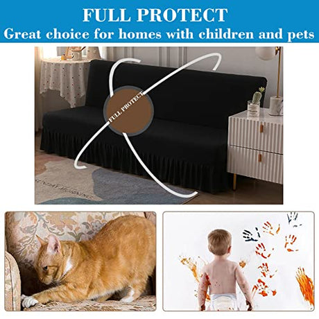 Futon Cover-Stretch Armless Futon Covers Full Size With Skirt Ruffled Futon Sofa Cover Washable Folding Sofa Bed Cover Soft Futon Couch Cover Slipcover With Elastic Bottom For Kids,Pets(Black) ANWUCHEN