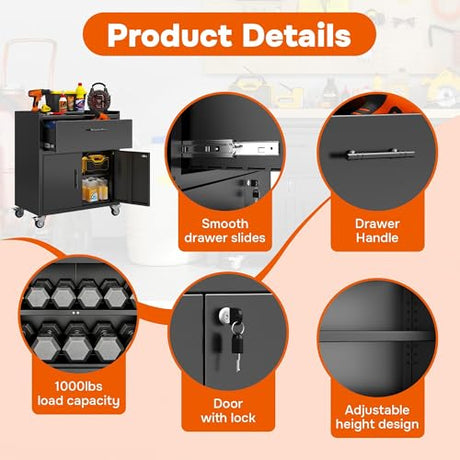 Metal Storage Cabinets Locker with Shelves and Drawer, Metal Rolling Storage Cart, Adjustable Shelf, Tool Organizer for Garage Warehouse, Black, 35" H x 30" W x 18" D Metallitrend