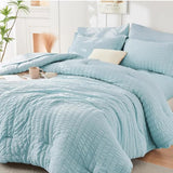 HYMOKEGE Lake Blue Full Size Comforter Sets Seersucker 7 Pieces, All Season Luxury Bed in a Bag for Bedroom, Bedding Set with Comforters, Sheets, Pillowcases & Shams HYMOKEGE
