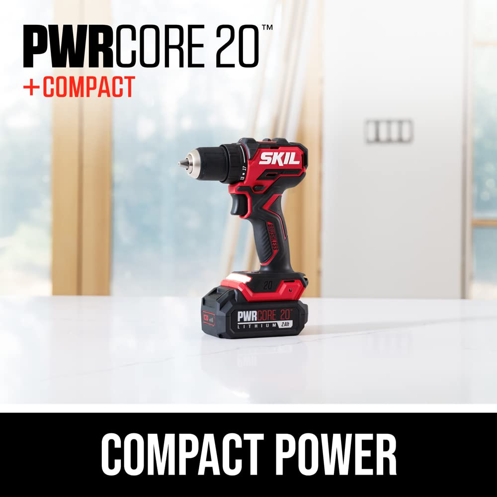 SKIL PWR CORE 20 Brushless 20V 1/2 In. Compact Varible-Speed Drill Driver Kit with 1/2'' Single-Sleeve, Keyless Ratcheting Chuck & LED Worklight Includes 2.0Ah Battery and PWR JUMP Charger-DL6293B-10 Skil
