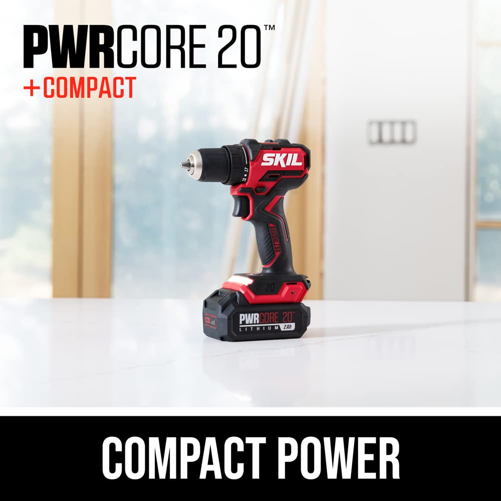 SKIL PWR CORE 20 Brushless 20V 1/2 In. Compact Varible-Speed Drill Driver Kit with 1/2'' Single-Sleeve, Keyless Ratcheting Chuck & LED Worklight Includes 2.0Ah Battery and PWR JUMP Charger-DL - WoodArtSupply