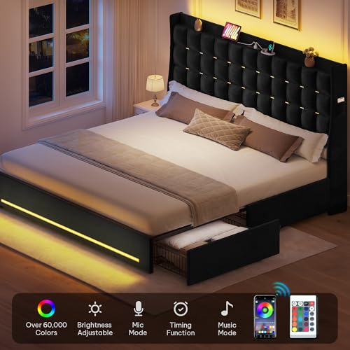 YITAHOME King Size Bed Frame with 4 Drawers and RGB LED Lights, Velvet Upholstered Platform Bed with Charging Station and Storage Headboard, No Box Spring Needed, Easy Assembly, Noise-Free, Black YITAHOME