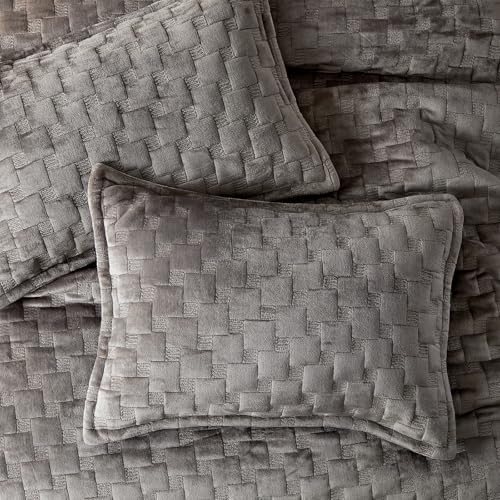 WARMDERN Khaki Velvet Quilt Set King Size, Luxury Geometric Check Pattern Quilts Set, Soft Lightweight Bedspread & Coverlet, 3PCS Milk Velvet Bedding Set with 2 Pillow Shams for All Season, 106" x 96" WARMDERN