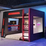SOFTSEA Queen Size Gaming Bunk Bed with Desk, Storage Shelves, LED Lights & USB Ports, Wood Loft Bunk Bed with Desk and Ladder for Kids, Teens & Adults, Space-Saving, Black & Red SOFTSEA