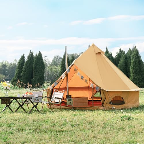 WaldZimmer Canvas Bell Tent 10ft Ginger with Stove Jack and Zipped Removable Floor, Luxury Outdoor Glamping Yurt Cotton Tent for Family Truck Car Camping Hunting Party WaldZimmer