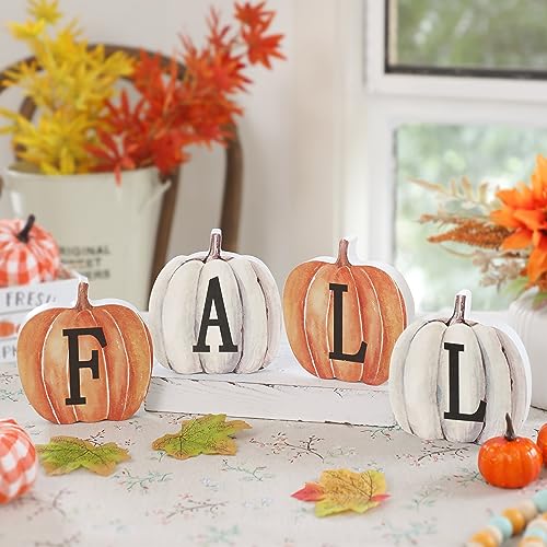 NEWLIGHTURE Fall Pumpkin Decor, 4pcs Wood Sign Pumpkin Block Set Farmhouse Fall Table Décor for Home Office Thanksgiving Tiered Tray Decor NEWLIGHTURE