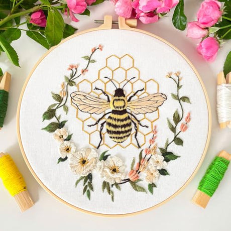 Myfelicity Embroidery kit for Adults, 3-Piece Bee and Butterfly Floral Designs, Including Tools Handmade Embroidery Hoop Art Set (Yellow) Myfelicity