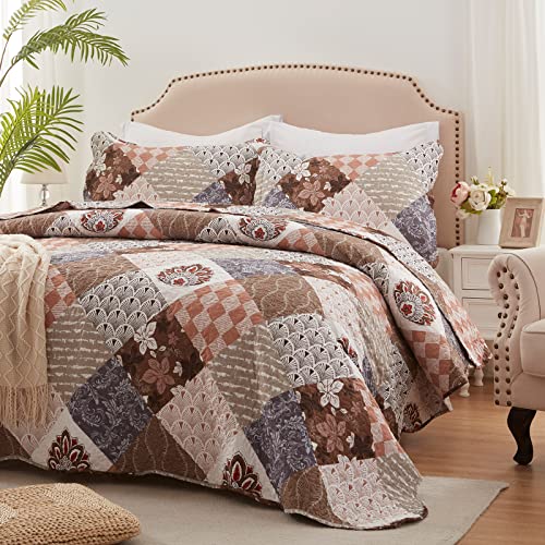LEAONME 2 Pieces Twin Size Quilt Set Lightweight Brown Floral Bedspread 68x86 Inch Soft Patchwork Coverlet Warm Microfiber Bed Cover for All Seasons (1 Quilt,1 Pillow Sham) LEAONME